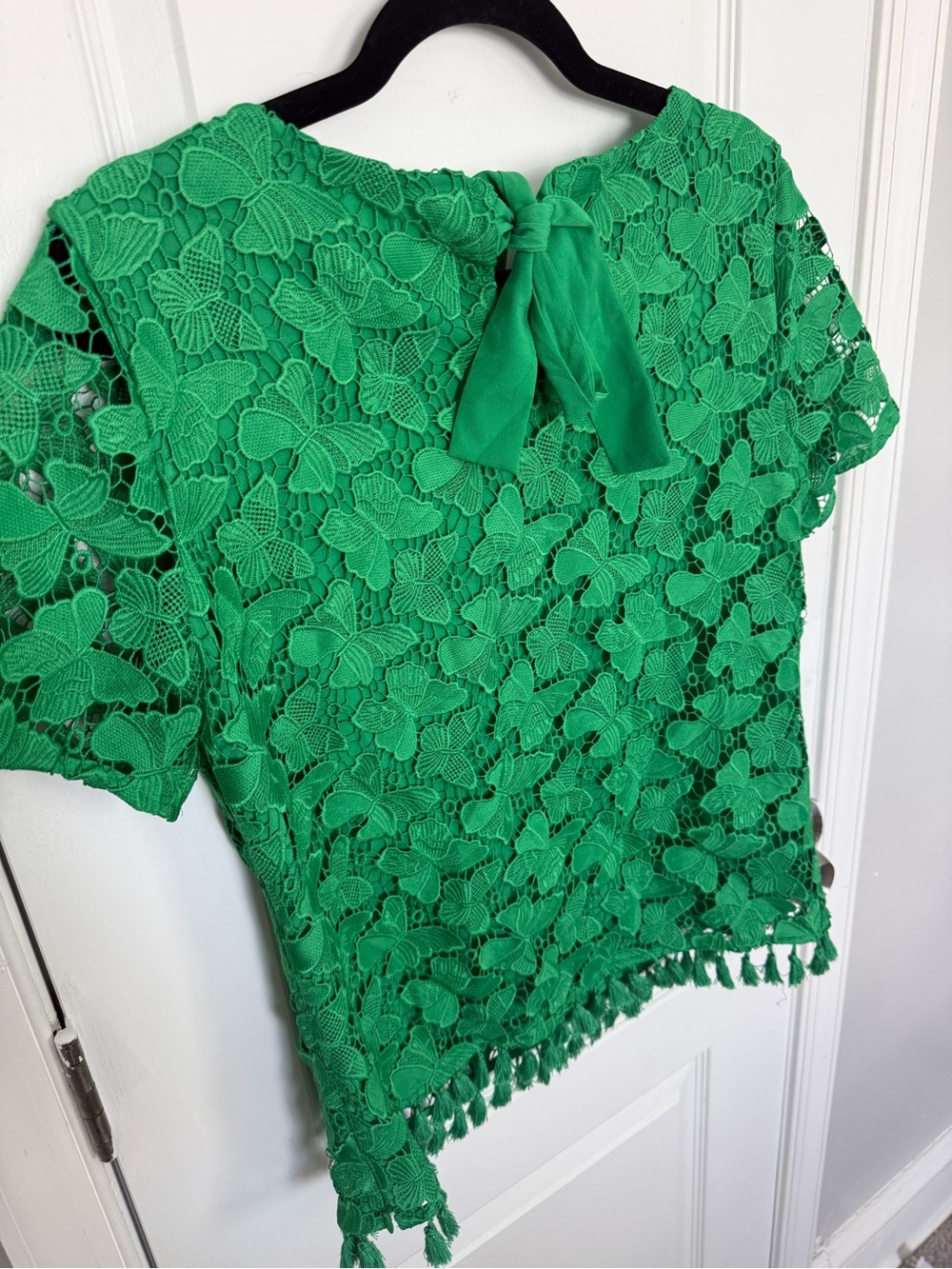Talbots Green Floral Lace Short Sleeve Tassel Hem Top - Picture 3 of 7